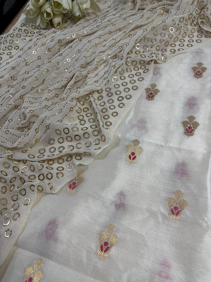 Dyeable Banarasi Handloom Chiniya Silk Suit With Dyeable Hand Embroidered Georgette Dupatta with Mukaish work - Luxurion World