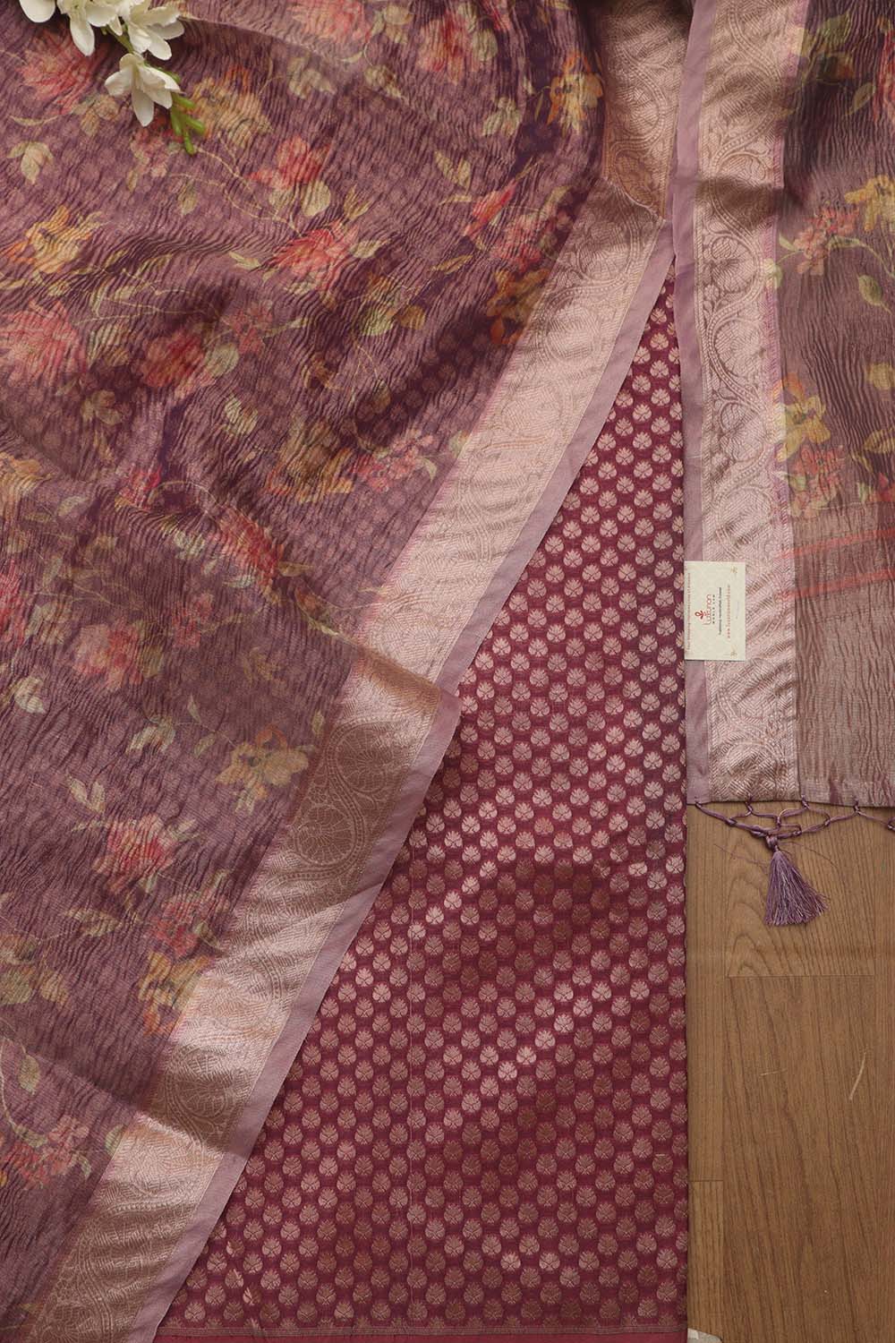 Purple Banarasi Silk Suit With Purple Digital Printed Crushed Tissue Floral Design Dupatta - Luxurion World