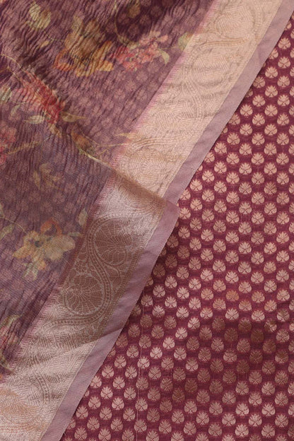 Purple Banarasi Silk Suit With Purple Digital Printed Crushed Tissue Floral Design Dupatta - Luxurion World