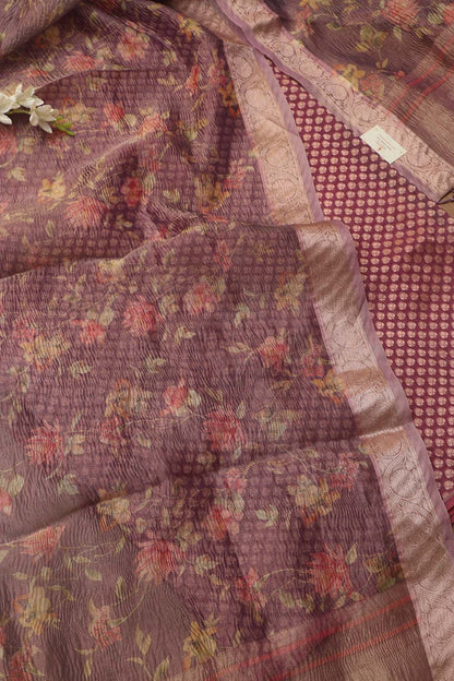 Purple Banarasi Silk Suit With Purple Digital Printed Crushed Tissue Floral Design Dupatta - Luxurion World