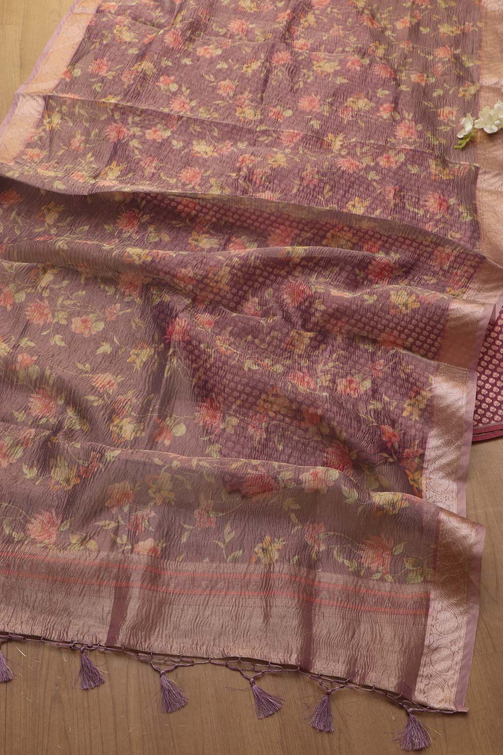 Purple Banarasi Silk Suit With Purple Digital Printed Crushed Tissue Floral Design Dupatta - Luxurion World