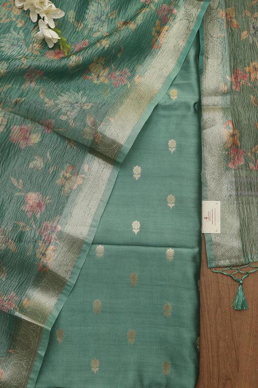 Green Banarasi Handloom Chiniya Silk Suit With Green Digital Printed Crushed Tissue Floral Design Dupatta - Luxurion World