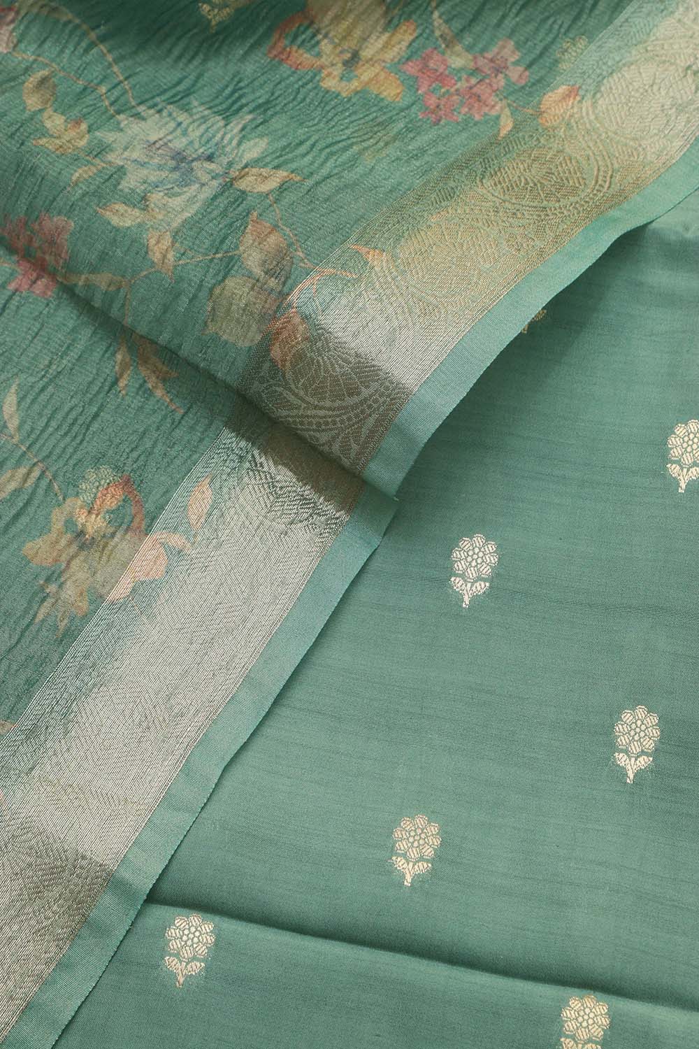 Green Banarasi Handloom Chiniya Silk Suit With Green Digital Printed Crushed Tissue Floral Design Dupatta - Luxurion World