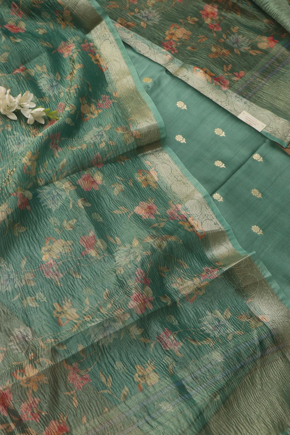 Green Banarasi Handloom Chiniya Silk Suit With Green Digital Printed Crushed Tissue Floral Design Dupatta - Luxurion World