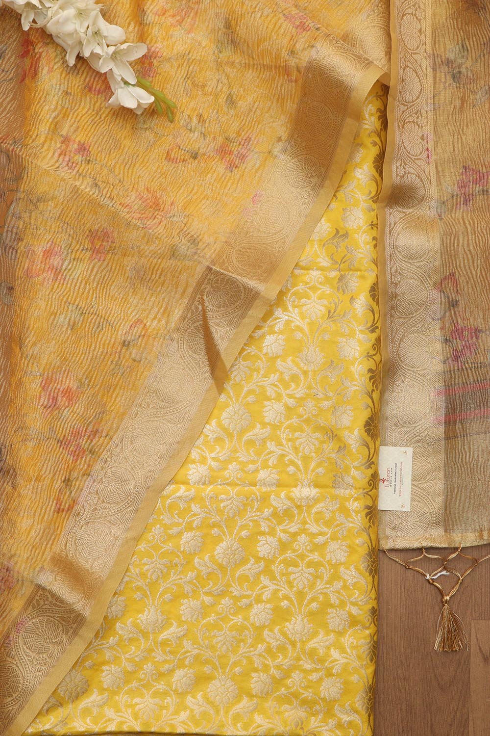 Yellow Banarasi Silk Suit With Yellow Digital Printed Crushed Tissue Floral Design Dupatta - Luxurion World
