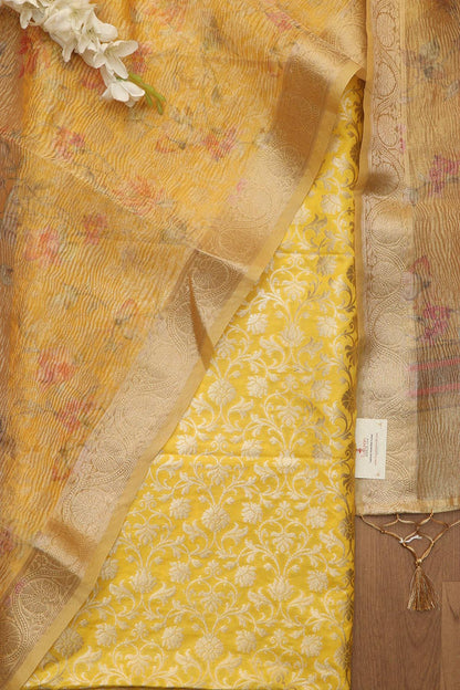 Yellow Banarasi Silk Suit With Yellow Digital Printed Crushed Tissue Floral Design Dupatta - Luxurion World