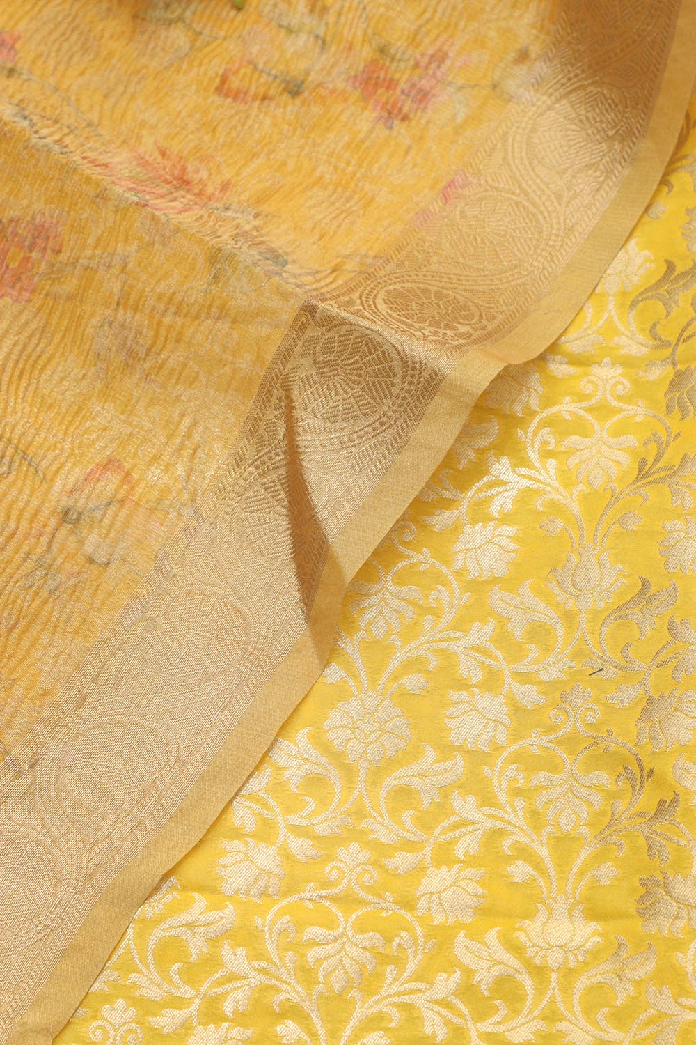 Yellow Banarasi Silk Suit With Yellow Digital Printed Crushed Tissue Floral Design Dupatta - Luxurion World