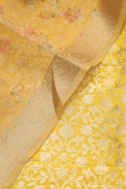 Yellow Banarasi Silk Suit With Yellow Digital Printed Crushed Tissue Floral Design Dupatta - Luxurion World
