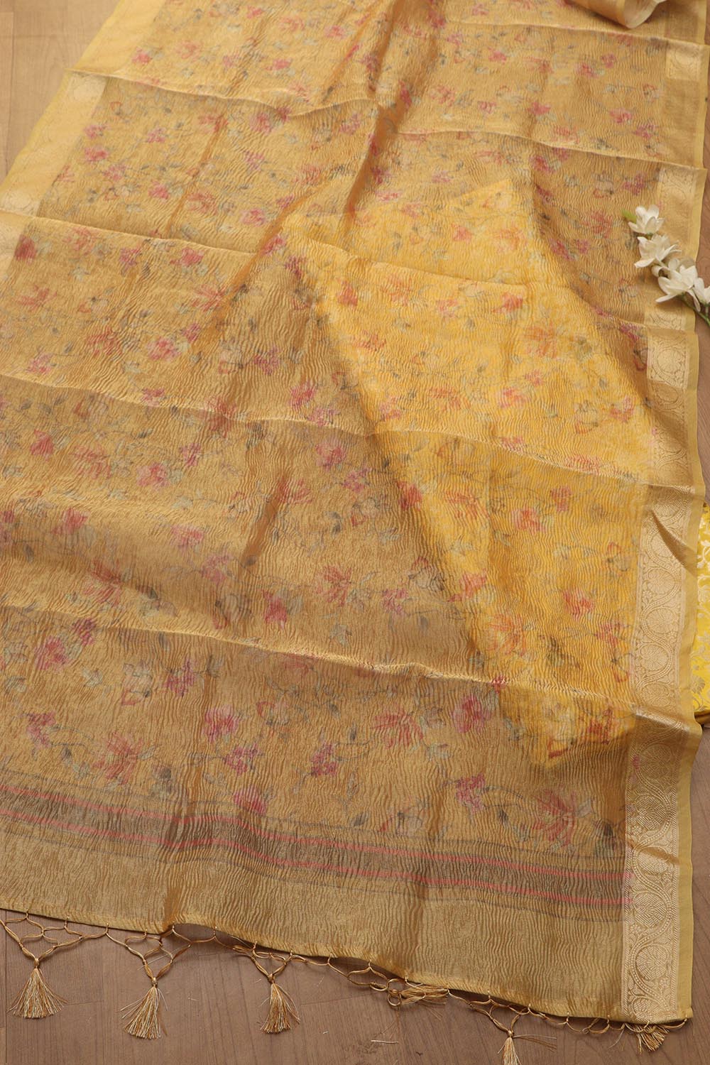 Yellow Banarasi Silk Suit With Yellow Digital Printed Crushed Tissue Floral Design Dupatta - Luxurion World