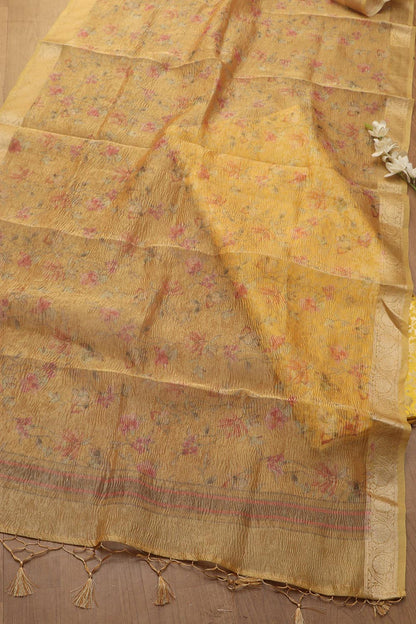 Yellow Banarasi Silk Suit With Yellow Digital Printed Crushed Tissue Floral Design Dupatta - Luxurion World