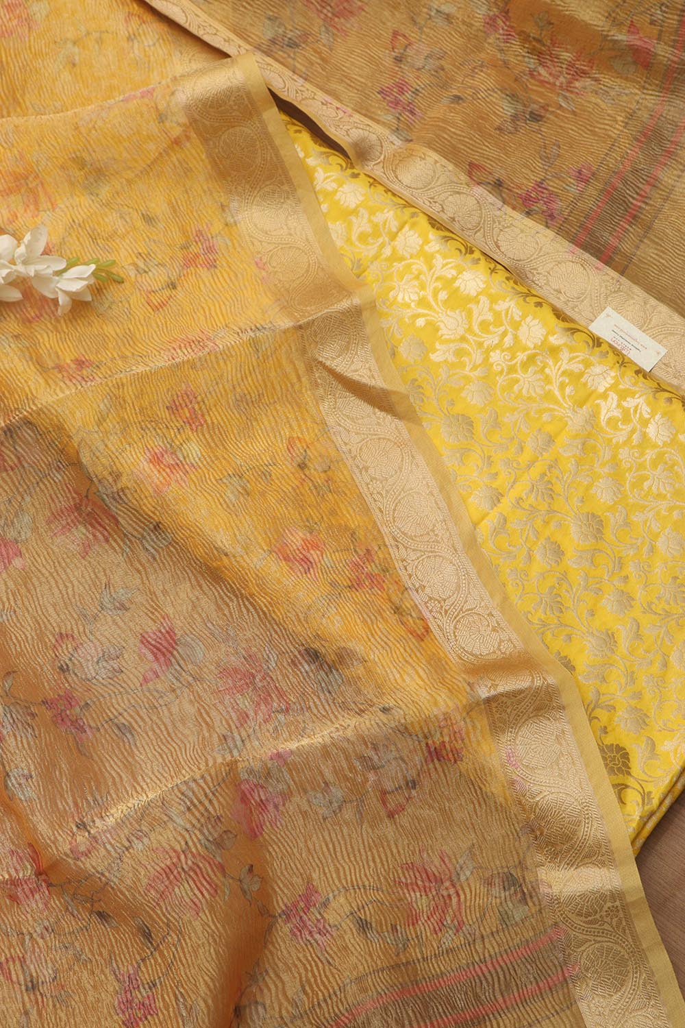 Yellow Banarasi Silk Suit With Yellow Digital Printed Crushed Tissue Floral Design Dupatta - Luxurion World