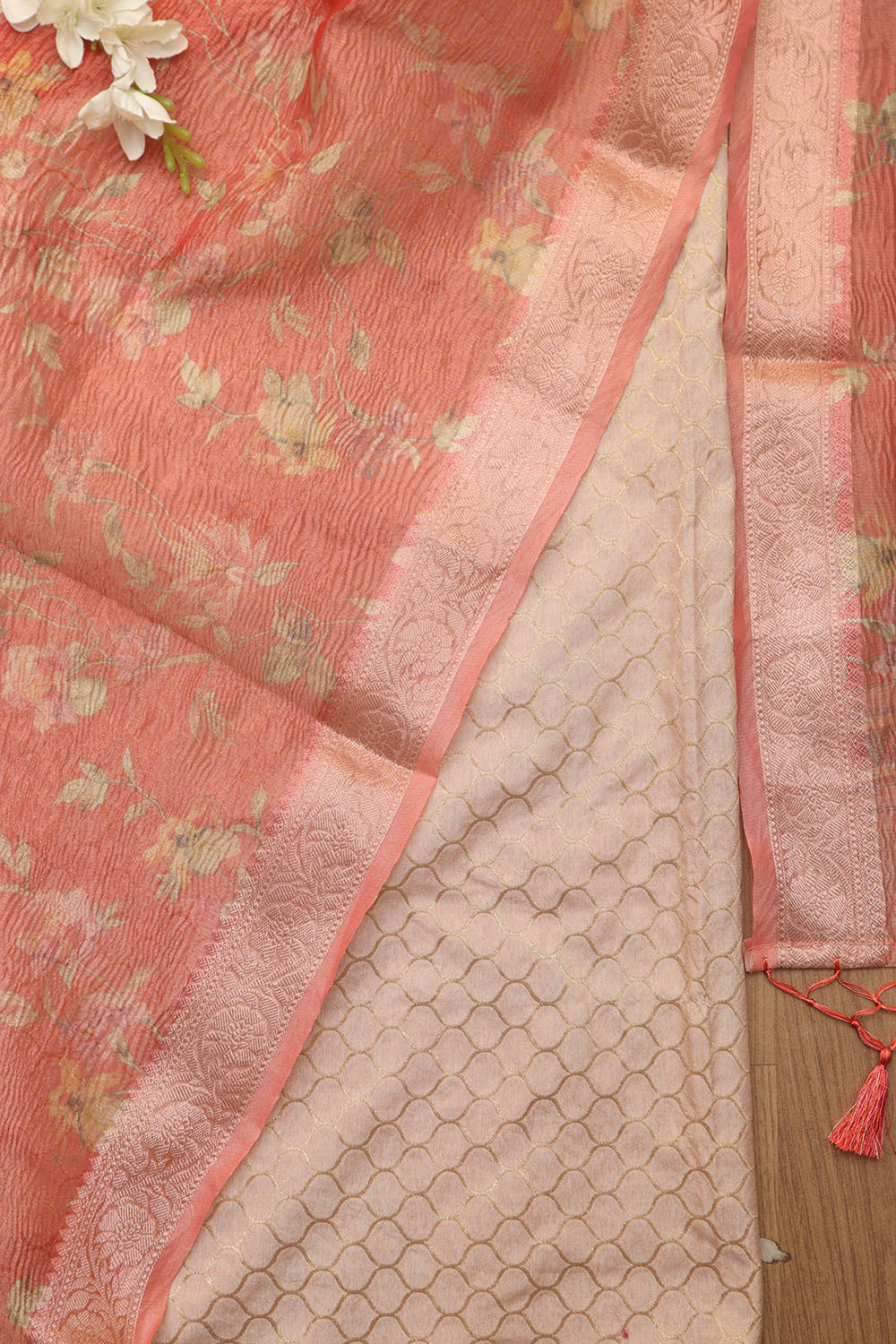 Pastel Pink Banarasi Silk Suit With Peach Pink Digital Printed Crushed Tissue Floral Design Dupatta - Luxurion World
