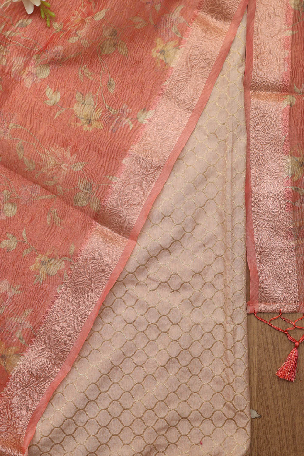 Pastel Pink Banarasi Silk Suit With Peach Pink Digital Printed Crushed Tissue Floral Design Dupatta - Luxurion World