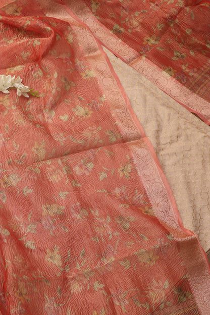Pastel Pink Banarasi Silk Suit With Peach Pink Digital Printed Crushed Tissue Floral Design Dupatta - Luxurion World