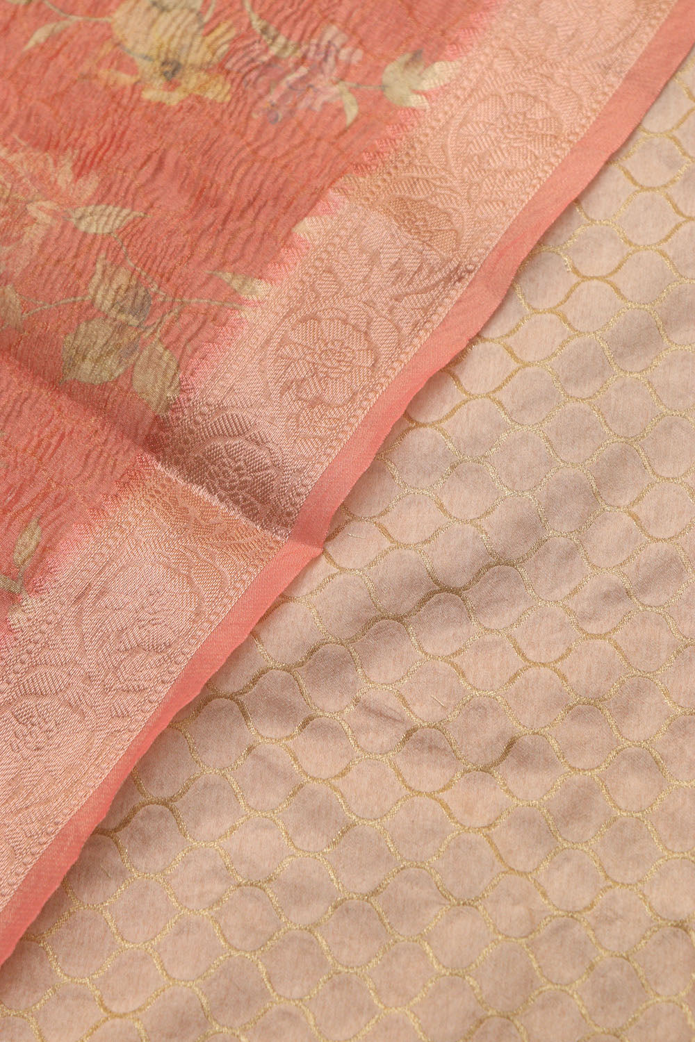 Pastel Pink Banarasi Silk Suit With Peach Pink Digital Printed Crushed Tissue Floral Design Dupatta - Luxurion World