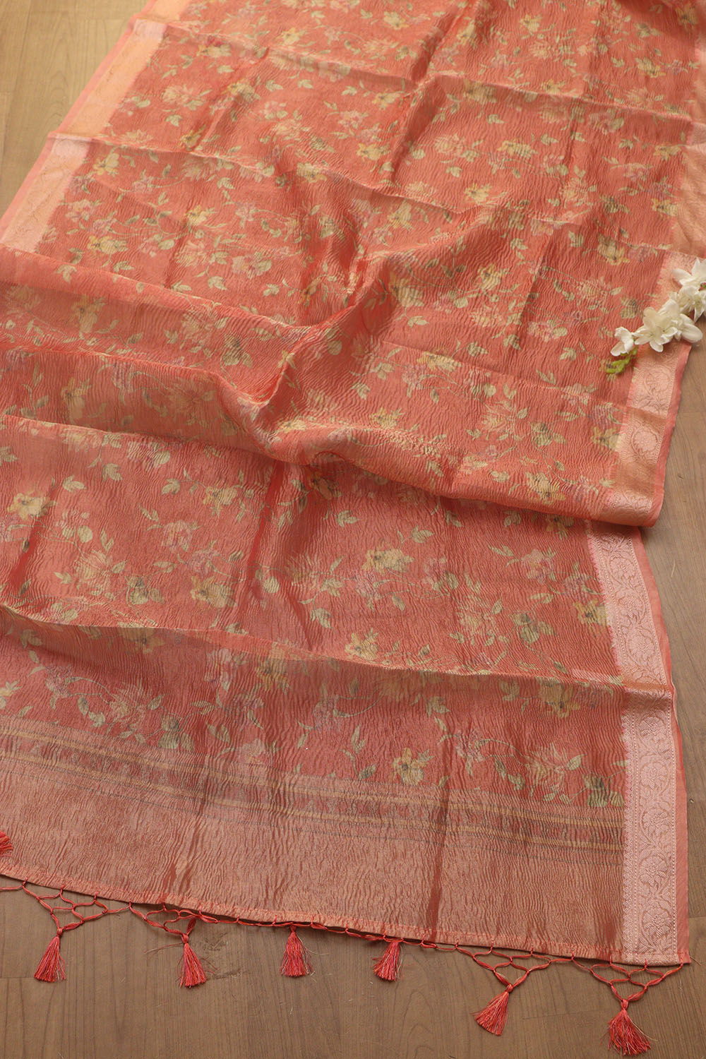 Pastel Pink Banarasi Silk Suit With Peach Pink Digital Printed Crushed Tissue Floral Design Dupatta - Luxurion World