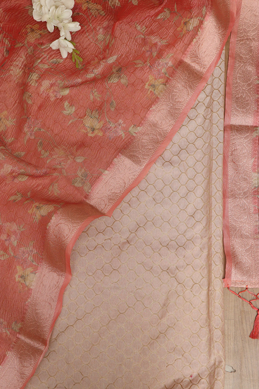 Pastel Pink Banarasi Silk Suit With Peach Pink Digital Printed Crushed Tissue Floral Design Dupatta - Luxurion World
