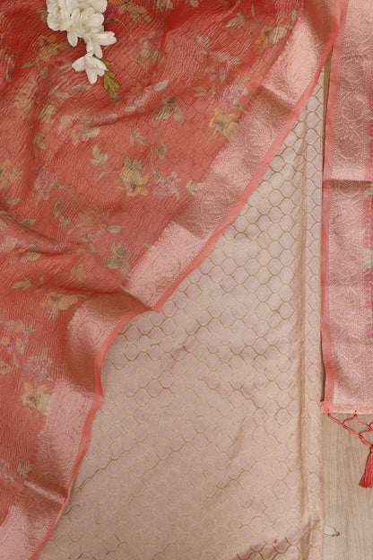 Pastel Pink Banarasi Silk Suit With Peach Pink Digital Printed Crushed Tissue Floral Design Dupatta - Luxurion World