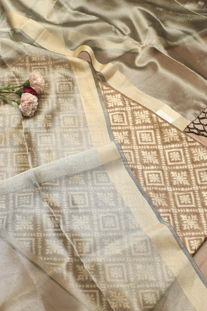 Elegant Browinsh Grey Banarasi Silk Suit With Banarasi Tissue Dupatta - Luxurion World