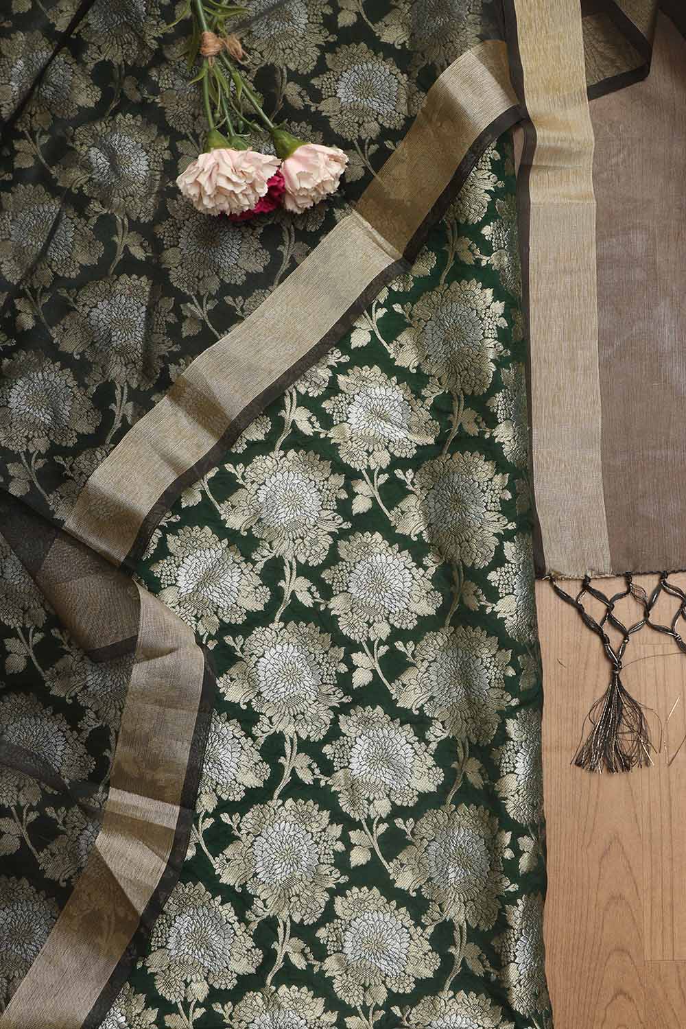 Stunning Green Banarasi Silk Sona Roopa Suit With Banarasi Tissue Dupatta - Luxurion World