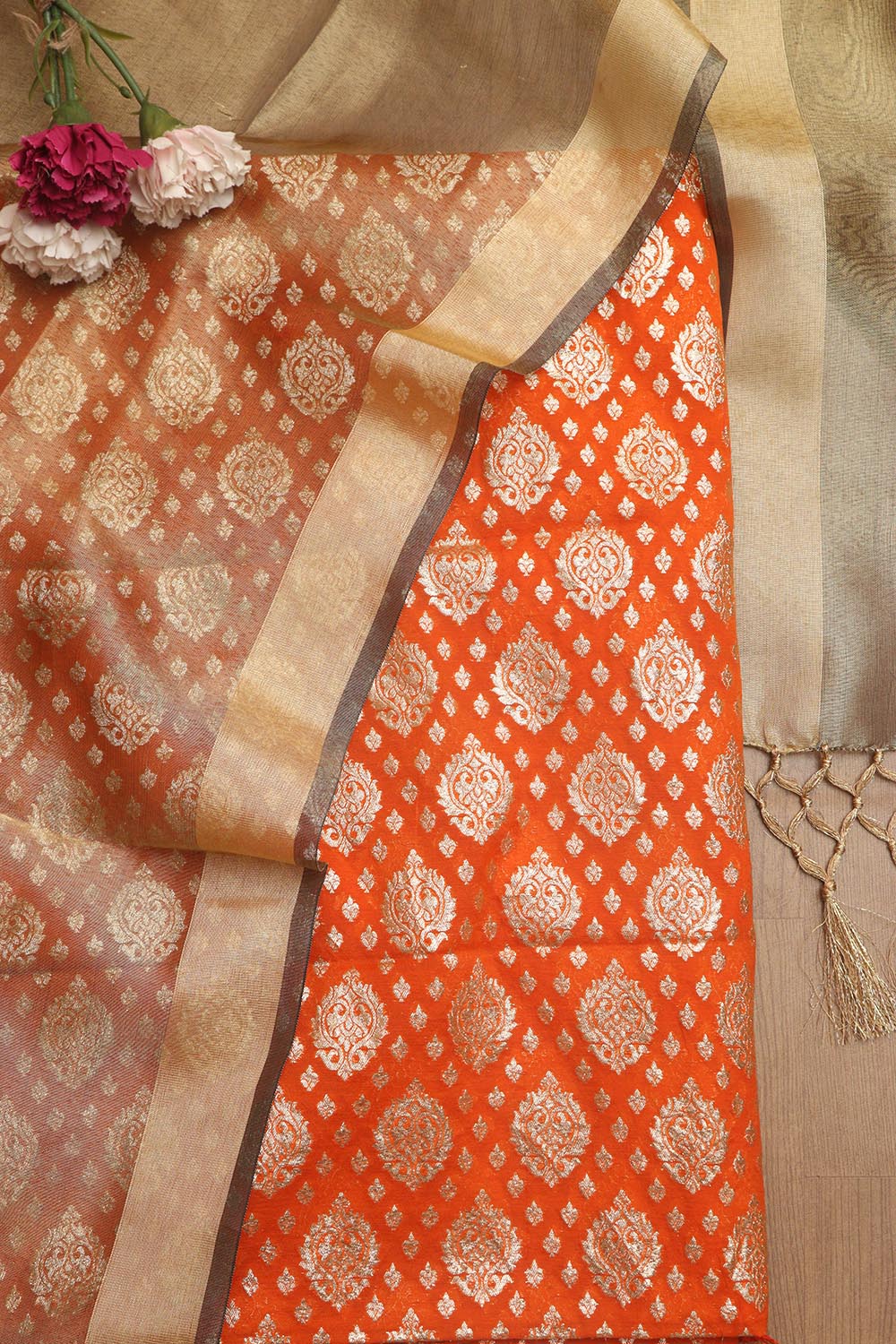 Elegant Orange Banarasi Chanderi Silk Suit With Banarasi Tissue Dupatta - Luxurion World