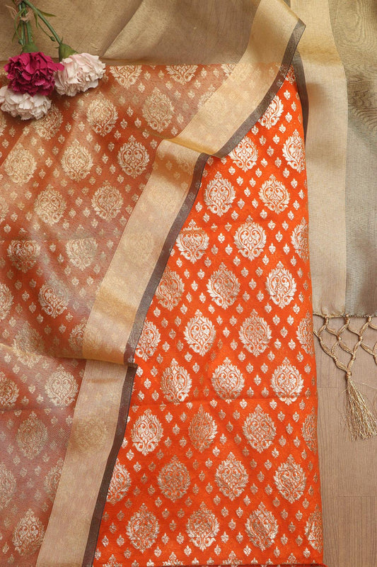 Elegant Orange Banarasi Chanderi Silk Suit With Banarasi Tissue Dupatta - Luxurion World