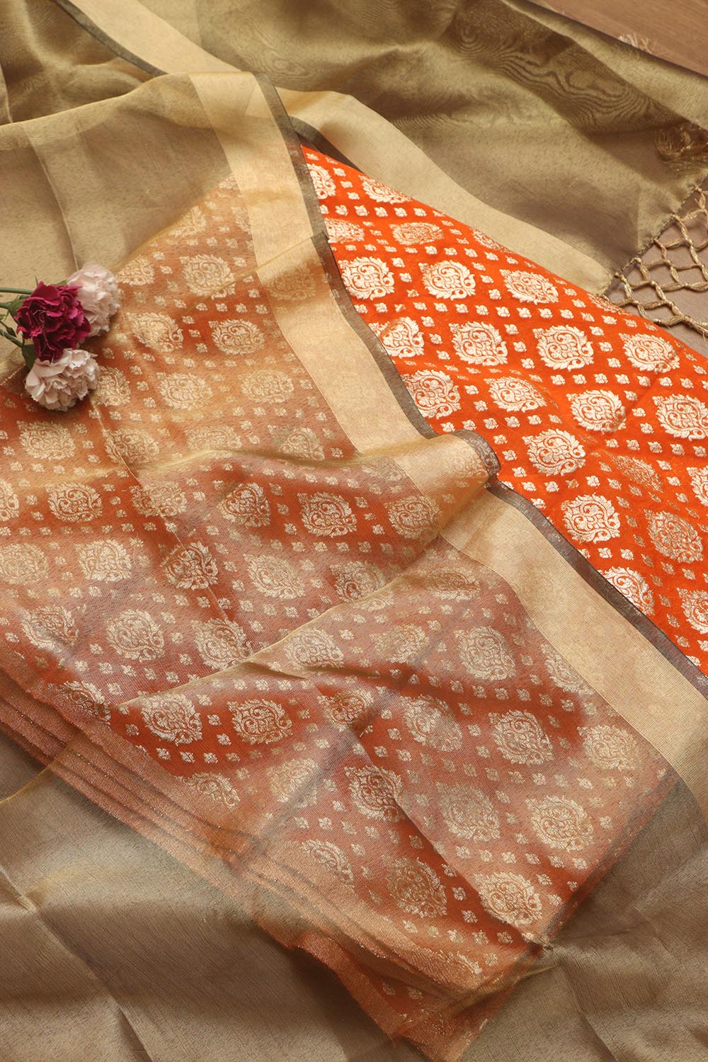 Elegant Orange Banarasi Chanderi Silk Suit With Banarasi Tissue Dupatta - Luxurion World