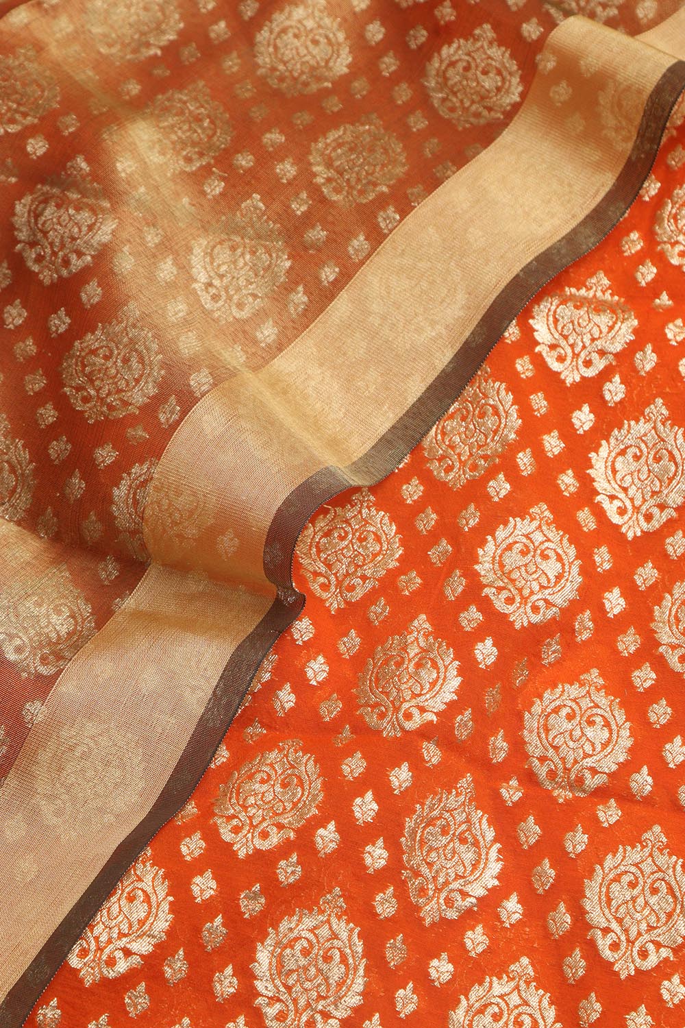 Elegant Orange Banarasi Chanderi Silk Suit With Banarasi Tissue Dupatta - Luxurion World