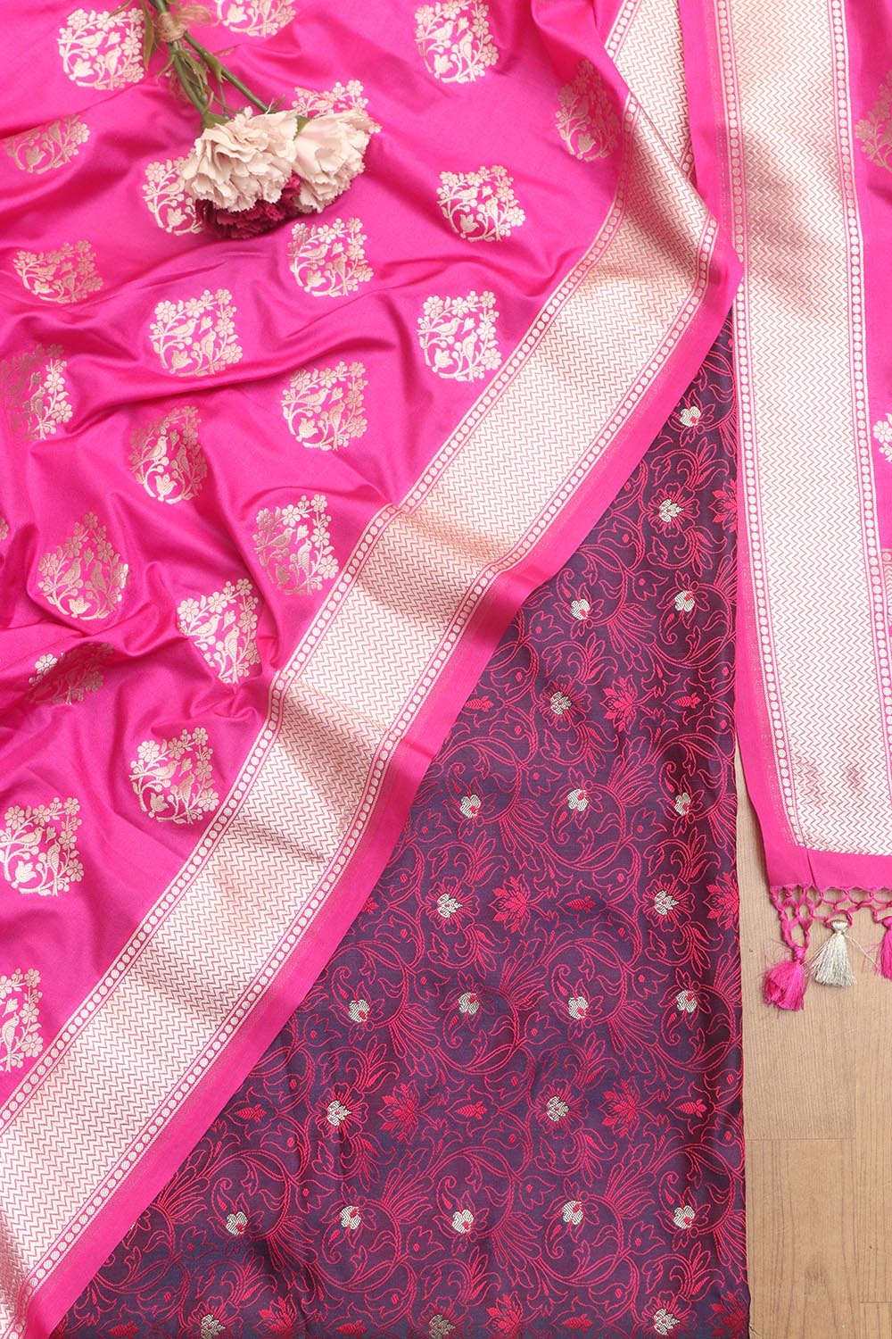 Stunning Purple Banarasi Tanchui Silk Suit With Pink Banarasi Silk Dupatta - Luxurion World