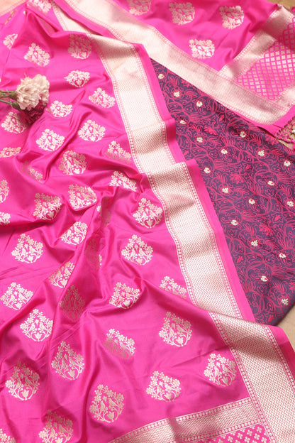 Stunning Purple Banarasi Tanchui Silk Suit With Pink Banarasi Silk Dupatta - Luxurion World