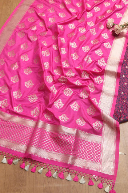 Stunning Purple Banarasi Tanchui Silk Suit With Pink Banarasi Silk Dupatta - Luxurion World