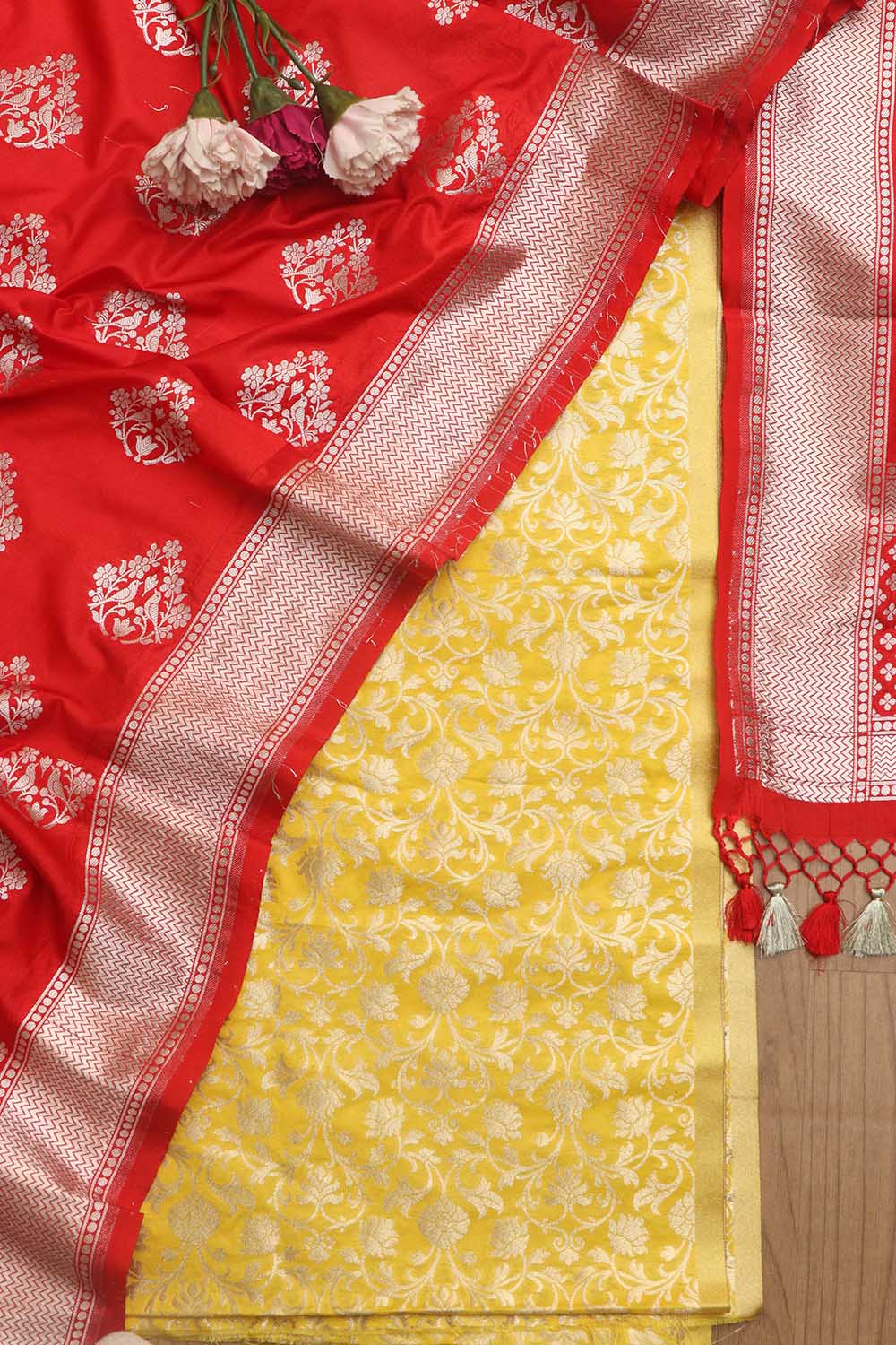 Stunning Yellow Banarasi Silk Suit Red Banarasi Silk Dupatta - Luxurion World
