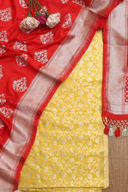 Stunning Yellow Banarasi Silk Suit Red Banarasi Silk Dupatta - Luxurion World
