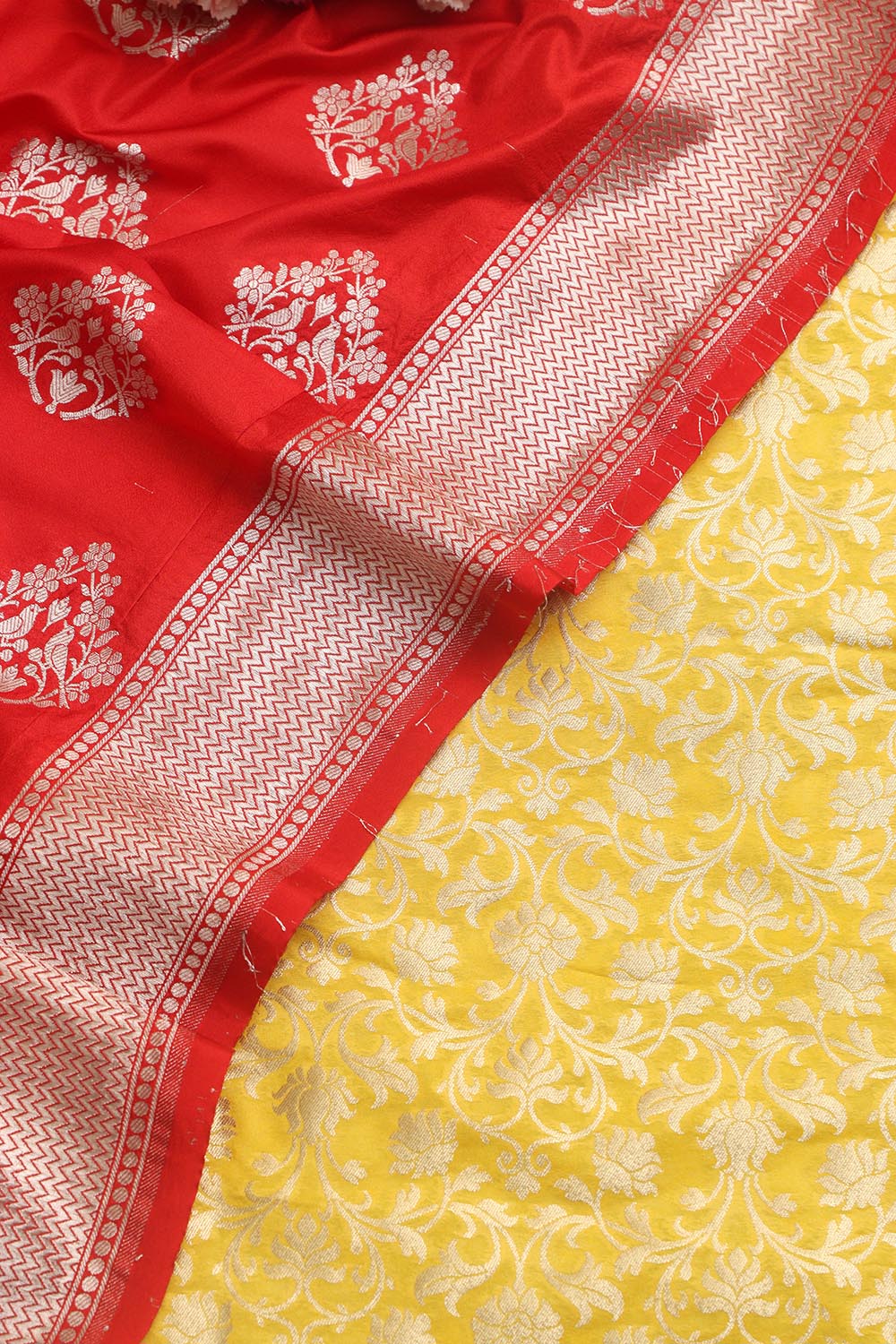 Stunning Yellow Banarasi Silk Suit Red Banarasi Silk Dupatta - Luxurion World