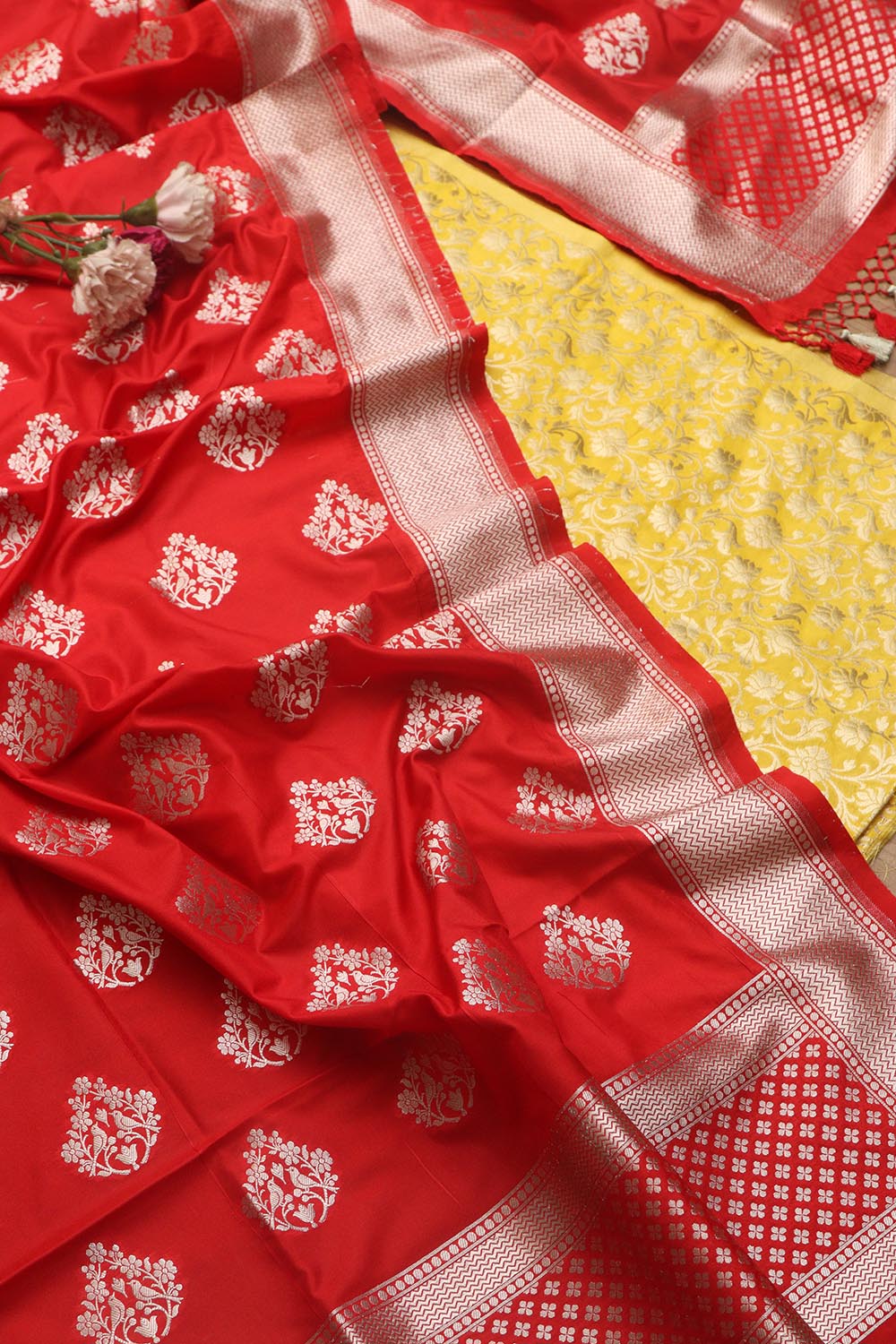 Stunning Yellow Banarasi Silk Suit Red Banarasi Silk Dupatta - Luxurion World