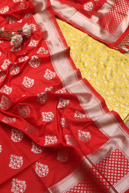 Stunning Yellow Banarasi Silk Suit Red Banarasi Silk Dupatta - Luxurion World