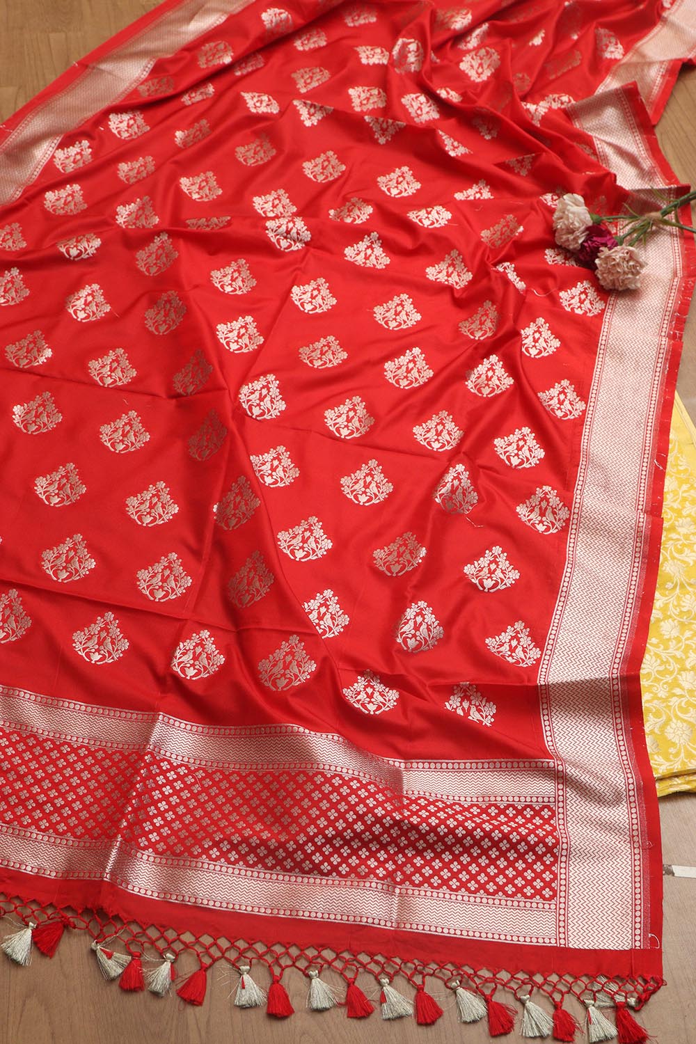 Stunning Yellow Banarasi Silk Suit Red Banarasi Silk Dupatta - Luxurion World