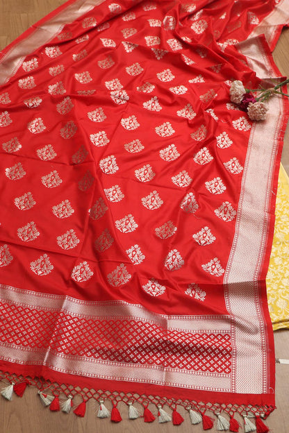 Stunning Yellow Banarasi Silk Suit Red Banarasi Silk Dupatta - Luxurion World