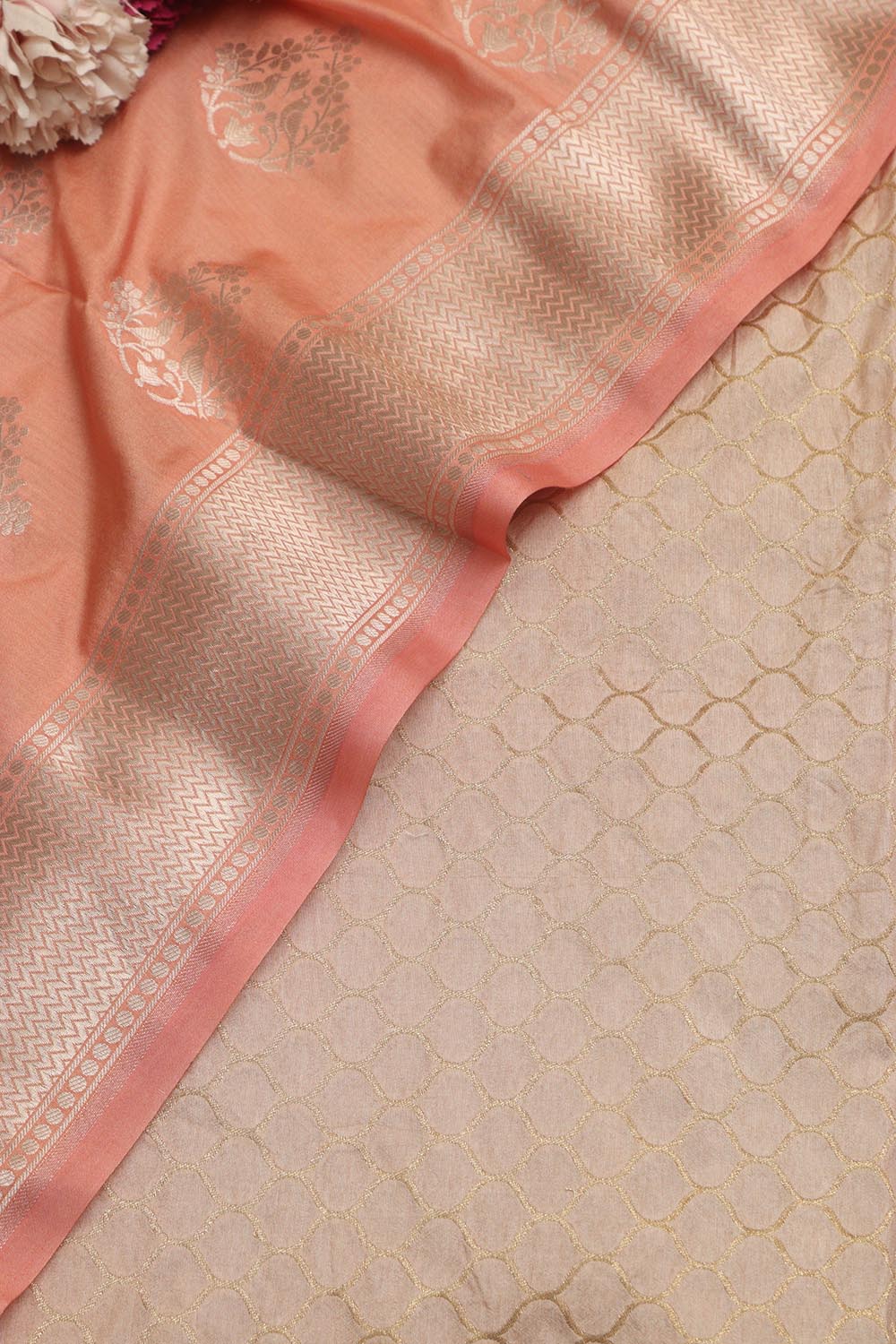Pastel Pink Banarasi Silk Suit With Peach Banarasi Silk Dupatta - Luxurion World