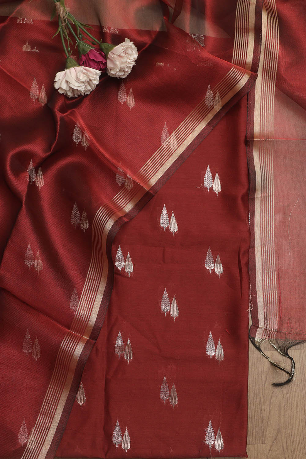 Elegant Maroon Banarasi Chanderi Silk Sona Roopa Design Suit With Maroon Banarasi Plain Tissue Dupatta - Luxurion World