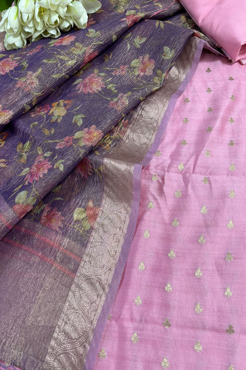 Pink Banarasi Handloom Chiniya Silk Suit With Purple Digital Printed Crushed Tissue Floral Design Dupatta - Luxurion World