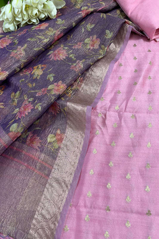 Pink Banarasi Handloom Chiniya Silk Suit With Purple Digital Printed Crushed Tissue Floral Design Dupatta - Luxurion World