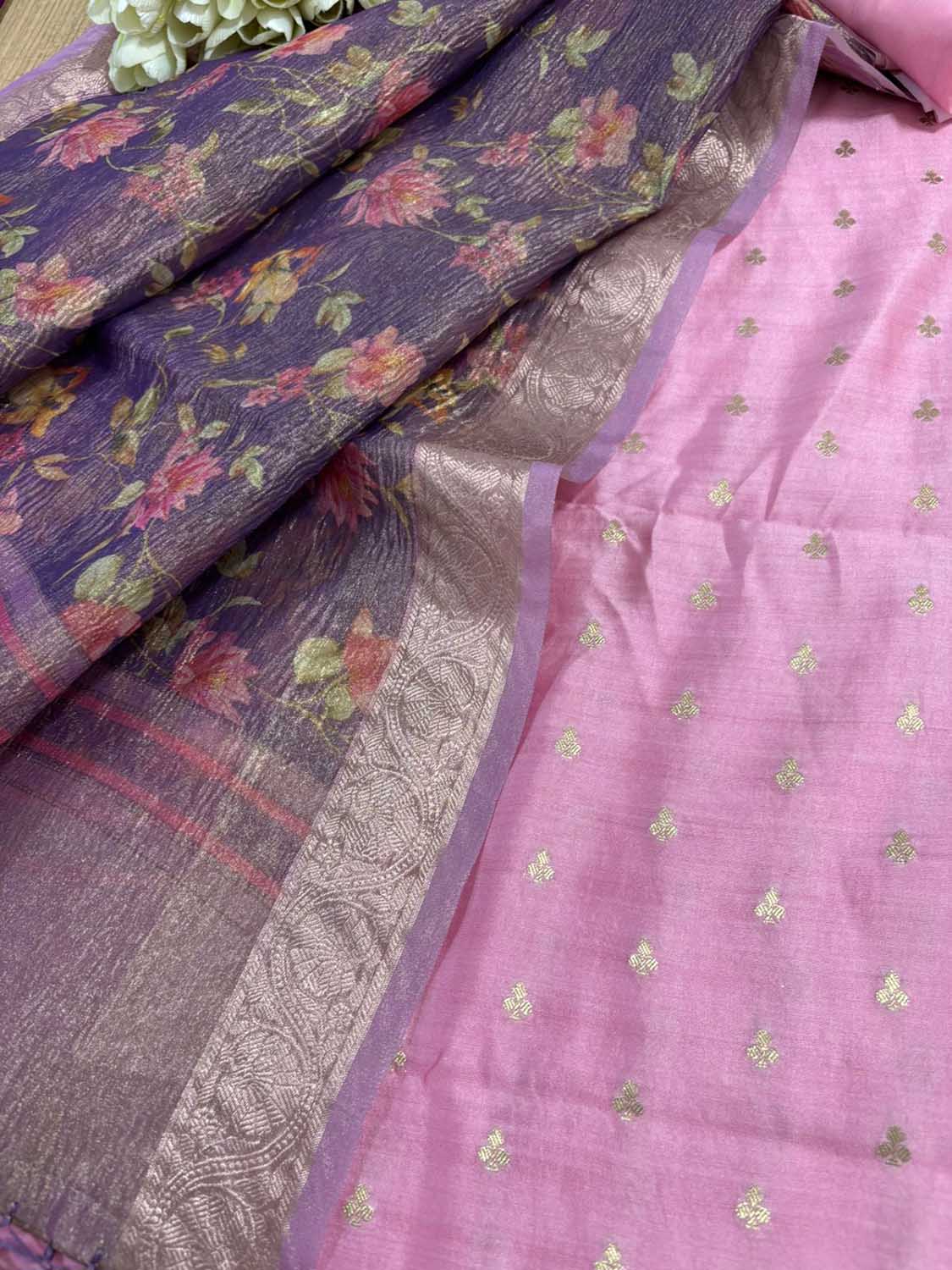 Pink Banarasi Handloom Chiniya Silk Suit With Purple Digital Printed Crushed Tissue Floral Design Dupatta - Luxurion World
