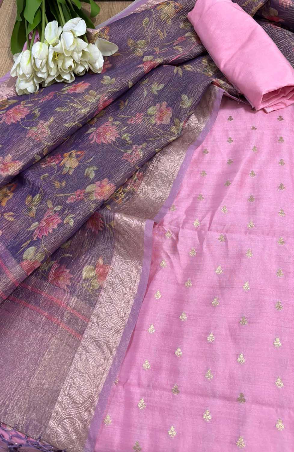 Pink Banarasi Handloom Chiniya Silk Suit With Purple Digital Printed Crushed Tissue Floral Design Dupatta - Luxurion World