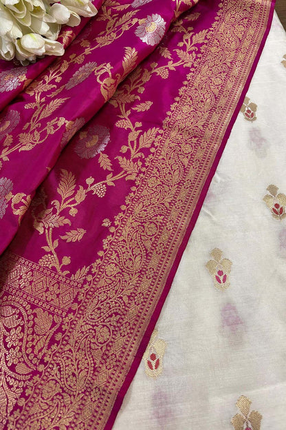 Dyeable Banarasi Handloom Chiniya Silk Suit With Pink Banarasi Handloom Pure Katan Silk Kadwa Dupatta - Luxurion World