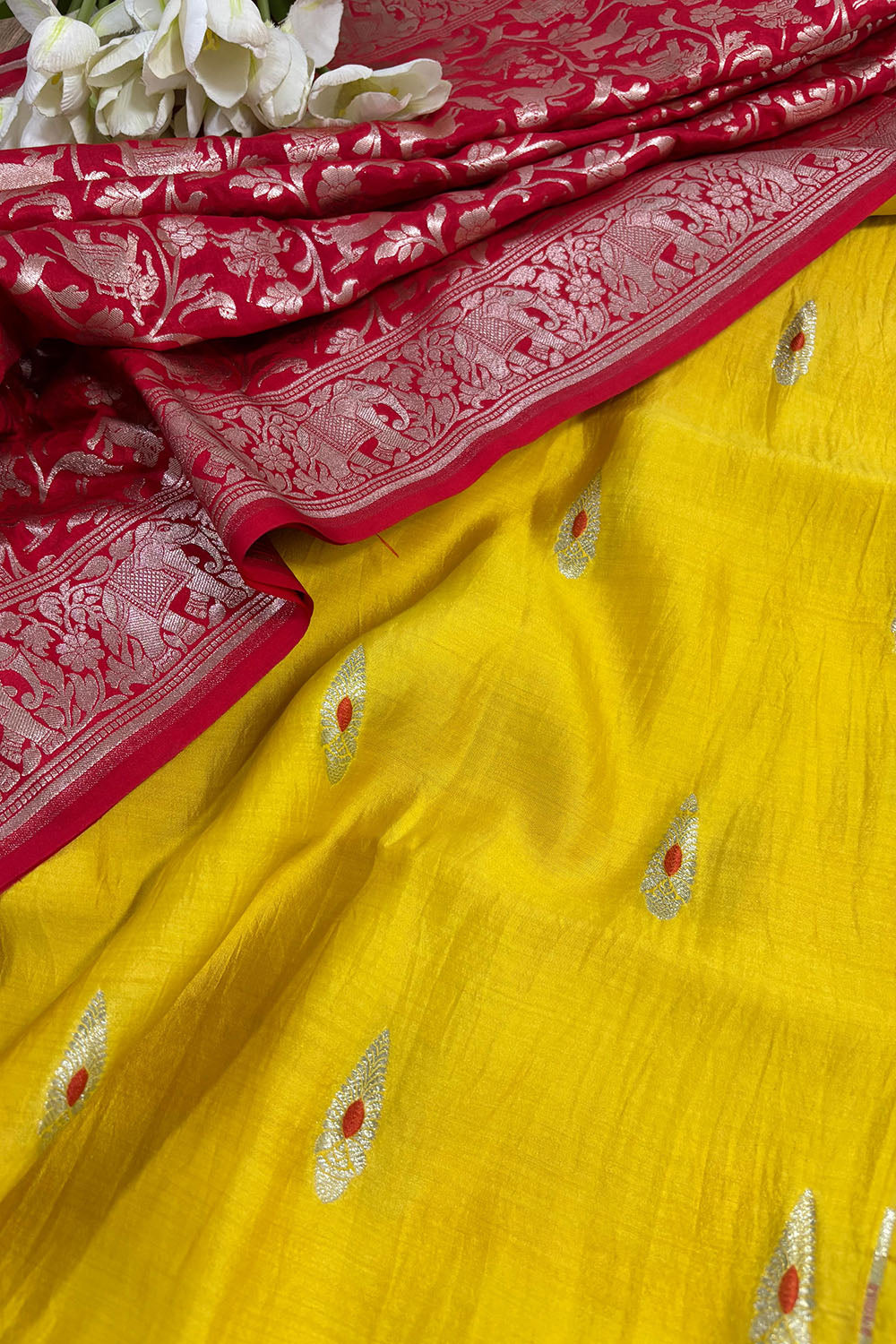 Yellow Banarasi Handloom Chiniya Silk Suit With Red Banarasi Silk Shikargah Dupatta - Luxurion World
