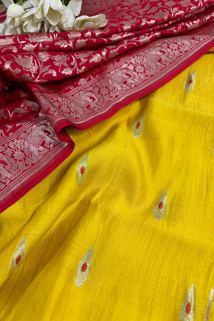 Yellow Banarasi Handloom Chiniya Silk Suit With Red Banarasi Silk Shikargah Dupatta - Luxurion World