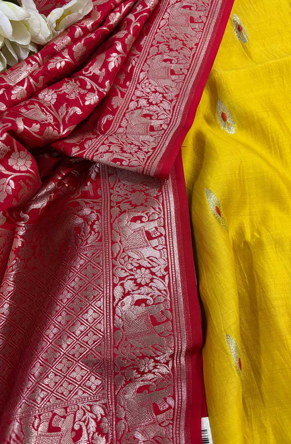 Yellow Banarasi Handloom Chiniya Silk Suit With Red Banarasi Silk Shikargah Dupatta - Luxurion World