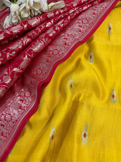 Yellow Banarasi Handloom Chiniya Silk Suit With Red Banarasi Silk Shikargah Dupatta - Luxurion World