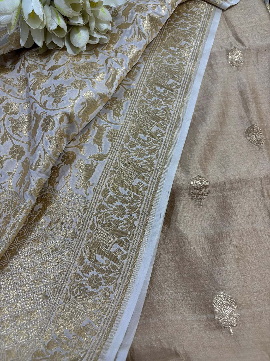 Elegant Pastel Banarasi Handloom Chiniya Silk Suit With Pastel Banarasi Silk Shikargah Dupatta - Luxurion World